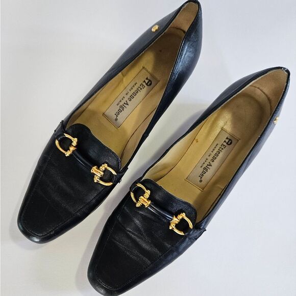 Vintage Etienne Aigner Navy Leather Horse Bit Snip Toe Carrington Loafers 8.5 - Picture 2 of 13